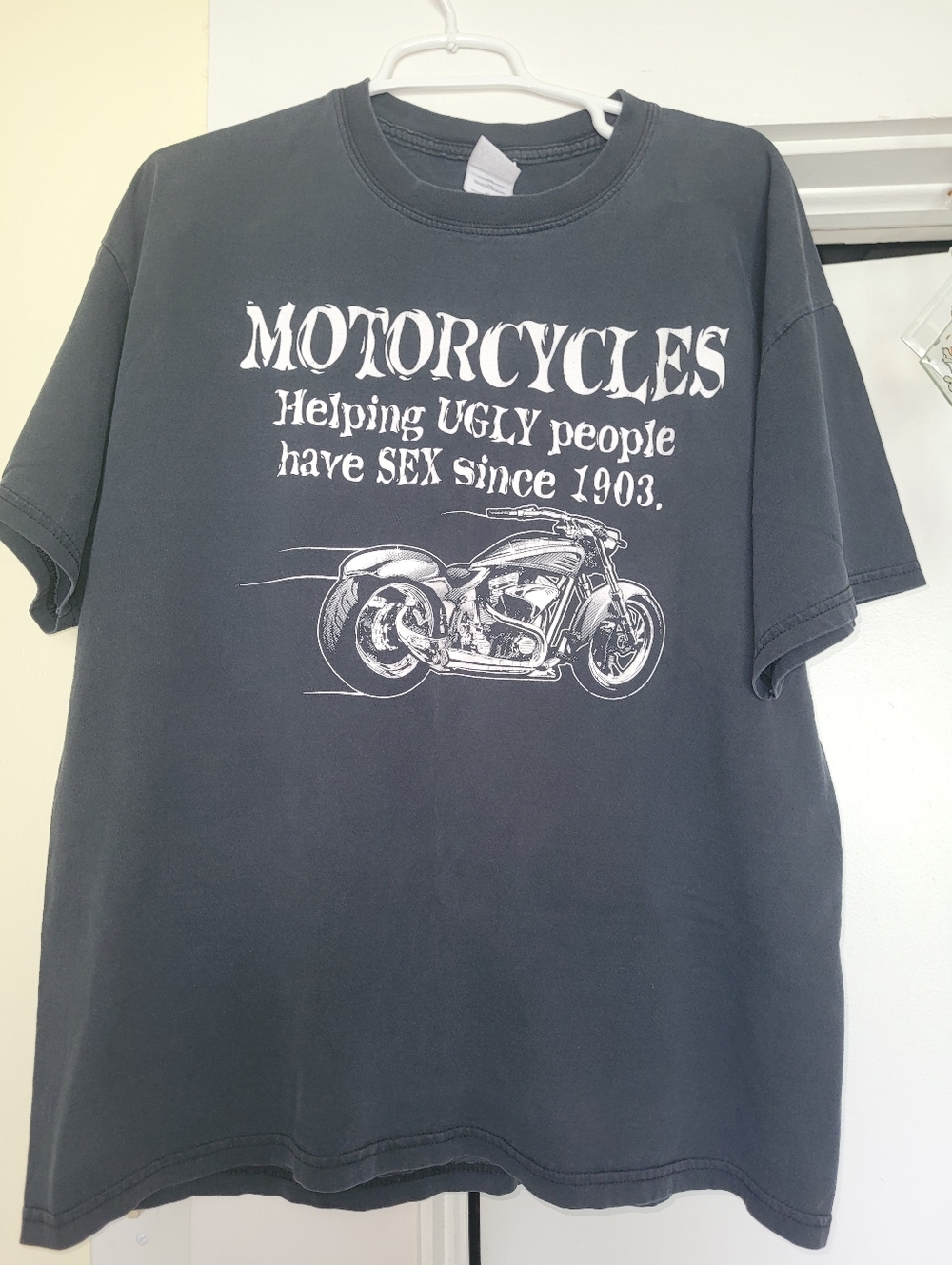 Vintage Black Tee with White Motorcycle Graphic and Slogan